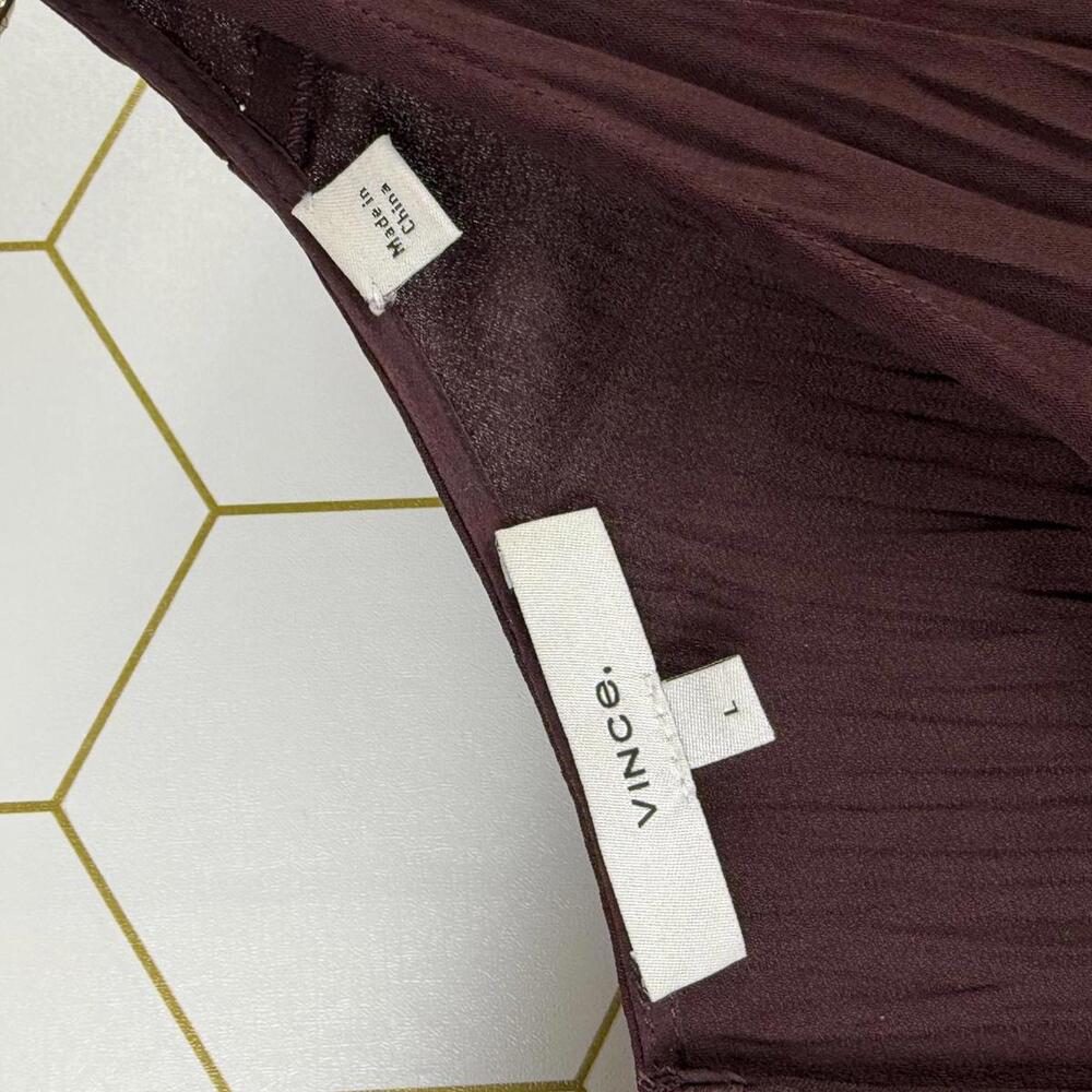 Vince Pleated V-Neck Satin Burgundy Knee Length Dress - Size - Large - Picture 6 of 7